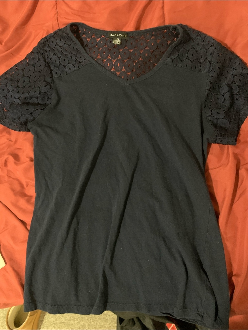 Womens Navy V-Neck Tee with Lace Sleeves and Lace Collar